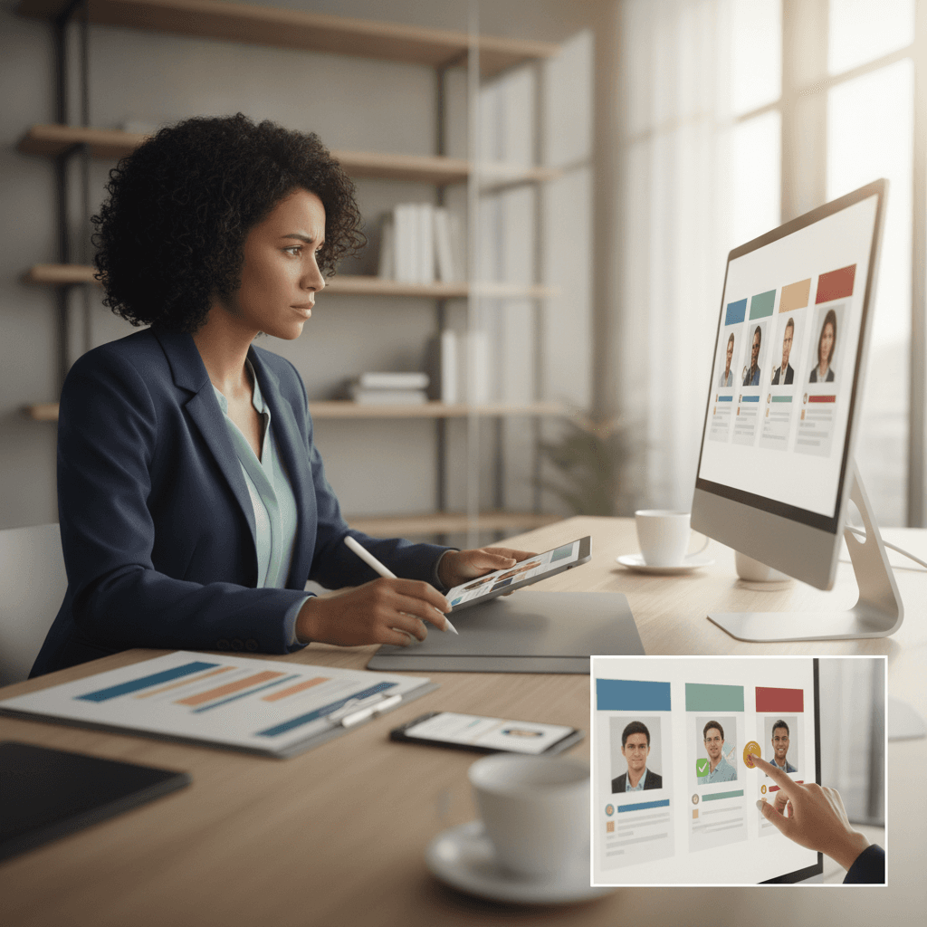 Recrutador analisando perfis profissionais estilizados no computador com distintivos de recomendações e anotações, simbolizando um LinkedIn que atrai recrutadores.