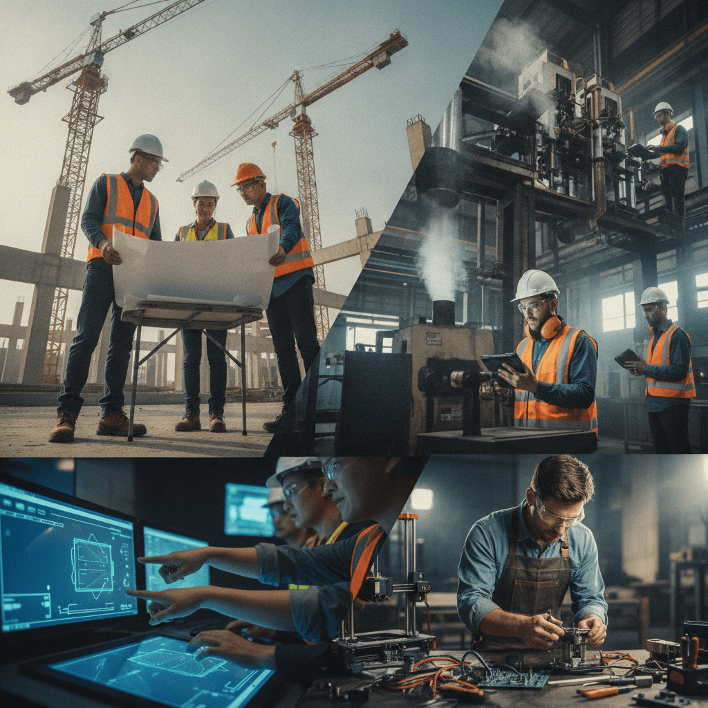 Montagem editorial com engenheiros em ação em canteiro de obras, indústria, sala de controle e oficina de prototipagem, sem jalecos.