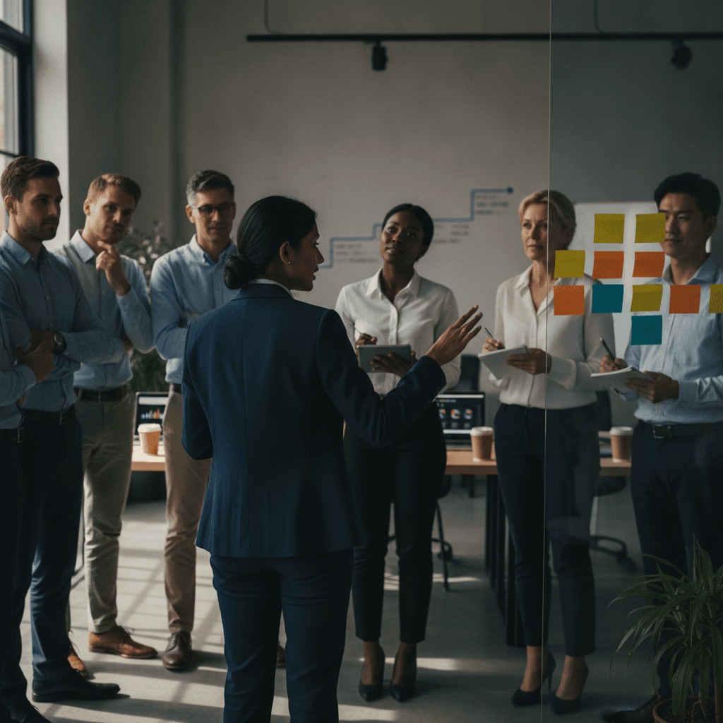 Colaborador sem cargo formal liderando equipe junto a quadro de kanban em escritório moderno.