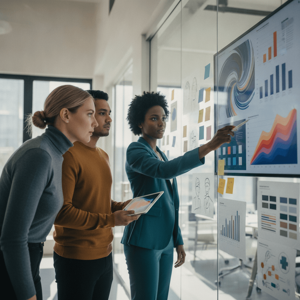 Equipe de marketing colaborando diante de quadro com post-its, mockups e gráficos, apontando para um dashboard analítico.