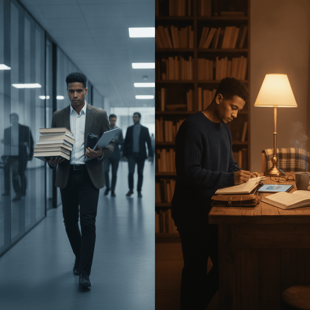Profissional equilibrando pós‑graduação e trabalho: cena dividida entre escritório diurno e estudo noturno em casa.