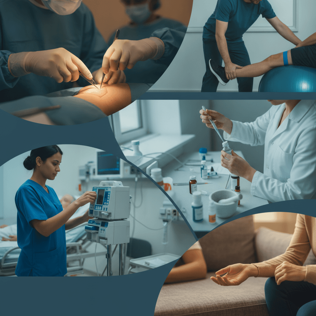 Montagem editorial de profissionais de saúde em ação: close-ups das mãos e instrumentos representando cirurgia, enfermagem, farmácia, fisioterapia e psicologia.
