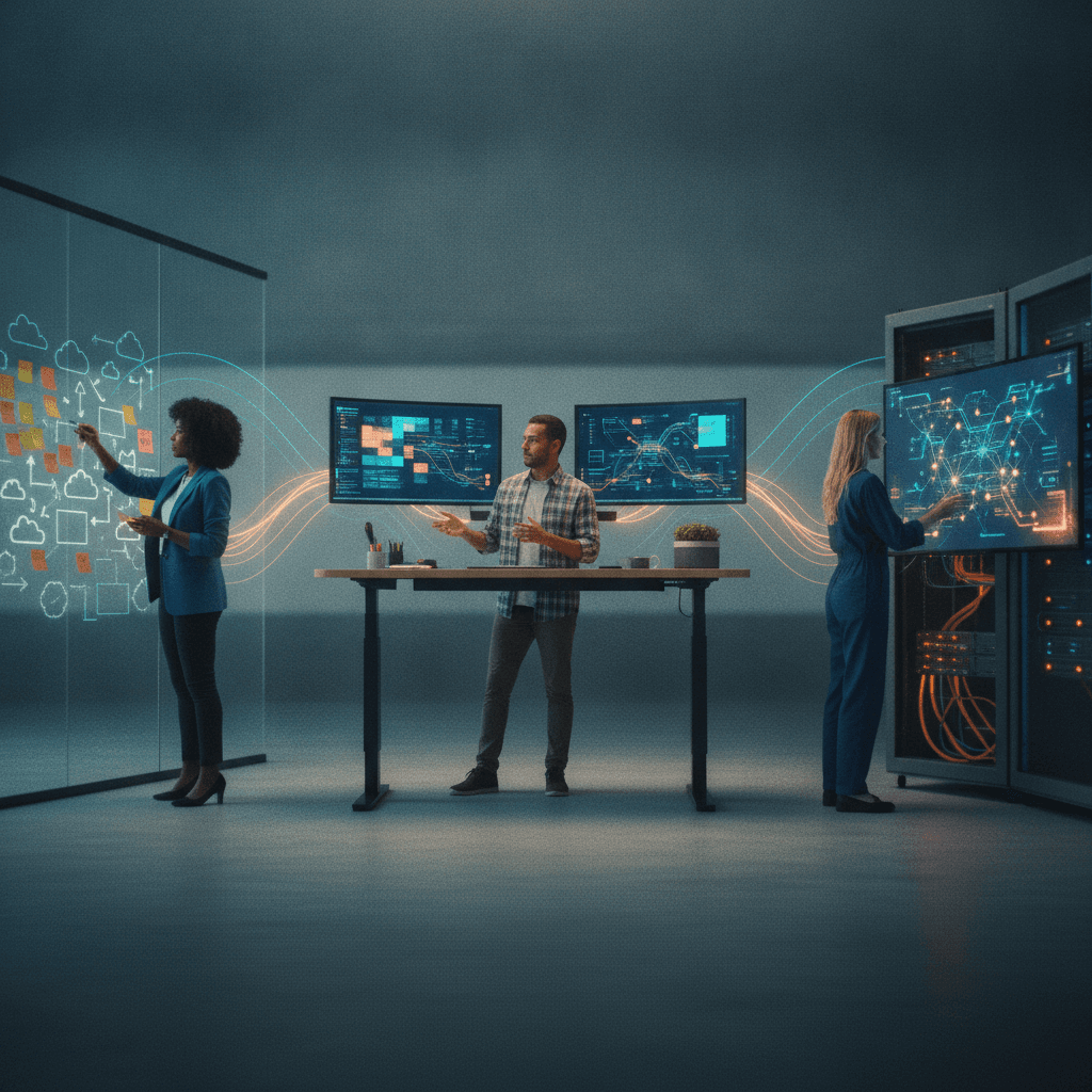 Profissionais diversos em um escritório tech mostrando transição de marketing para machine learning, com áreas de marketing, análise de dados e engenharia de ML conectadas visualmente.