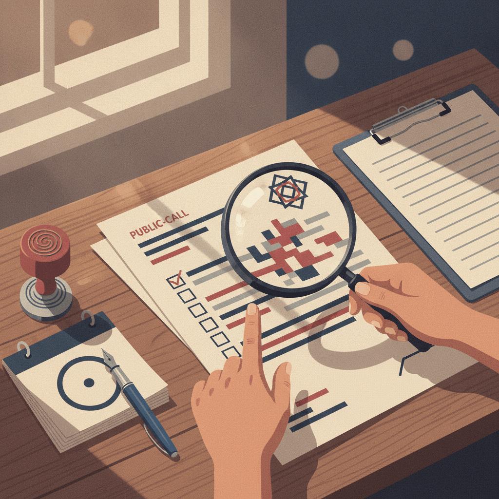 Ilustração editorial de mãos examinando um edital com lupa, carimbo, calendário e checklist, sem texto.