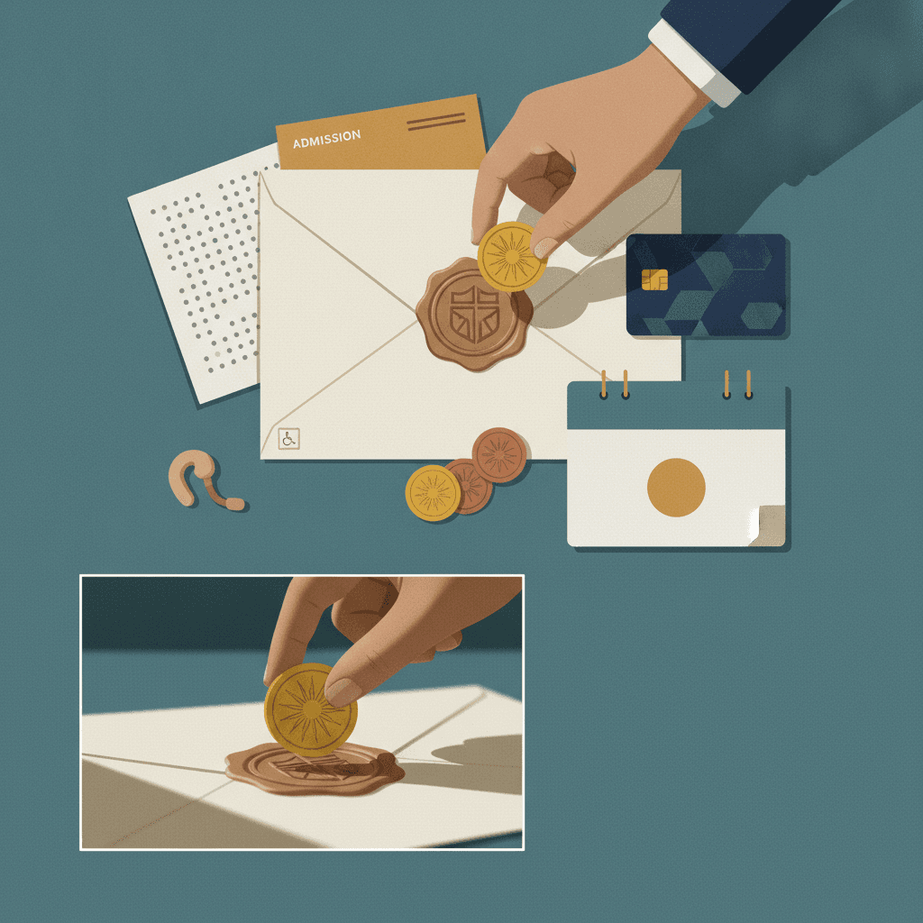 Ilustração editorial em flat-lay com envelope de inscrição sem textos, moedas, calendário com data marcada sem números, folha em braille e símbolo de acessibilidade, representando pagamento, atendimento especializado e prazos do PND 2026.