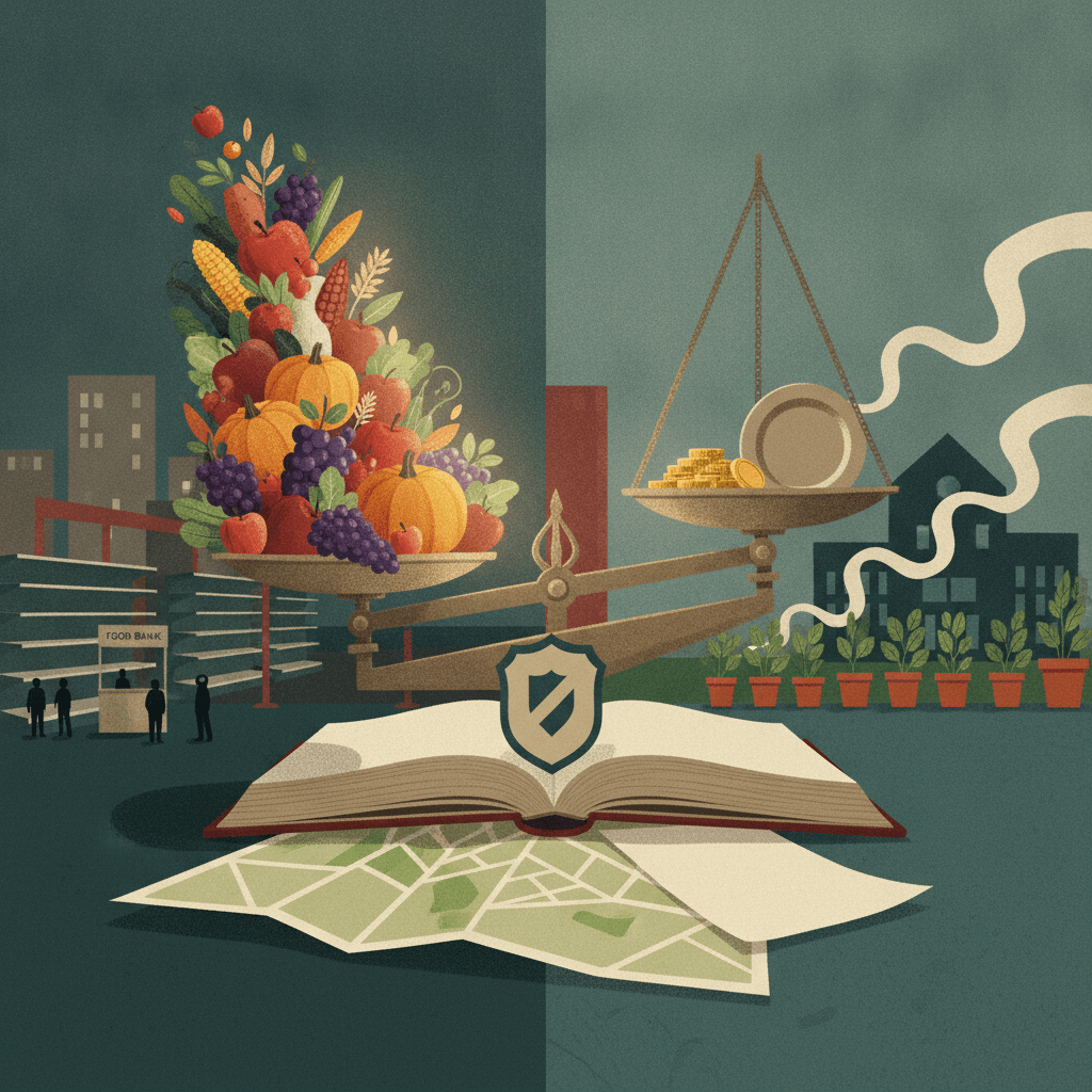 Ilustração editorial de uma balança com alimentos e moedas, mapa e horta comunitária simbolizando segurança alimentar e desigualdade.