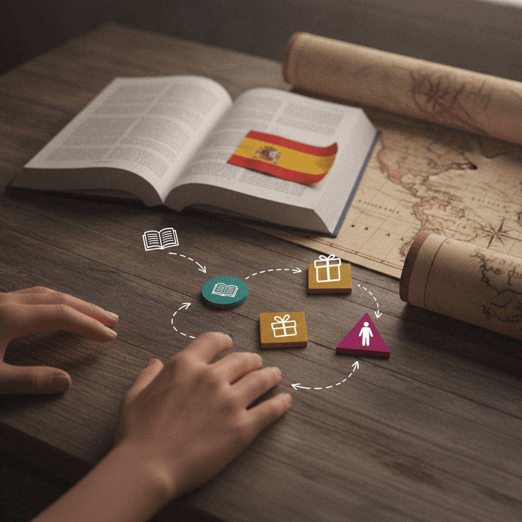 Mãos organizando símbolos coloridos sobre mapa e livros em espanhol, ilustrando pronomes diretos e indiretos.