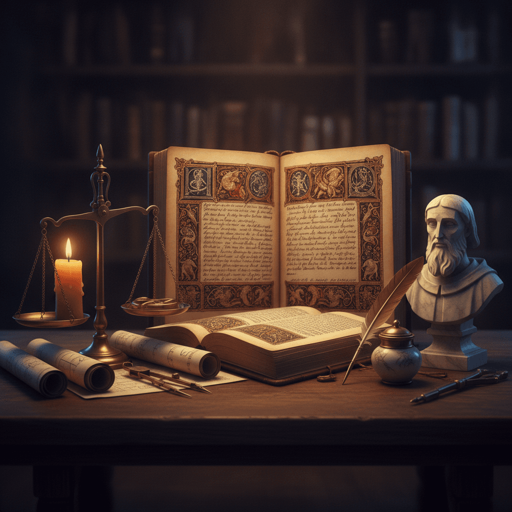 Ilustração editorial de um manuscrito medieval com pena, busto estilizado de filósofo escolástico e balança simbolizando a complementação entre fé e razão.
