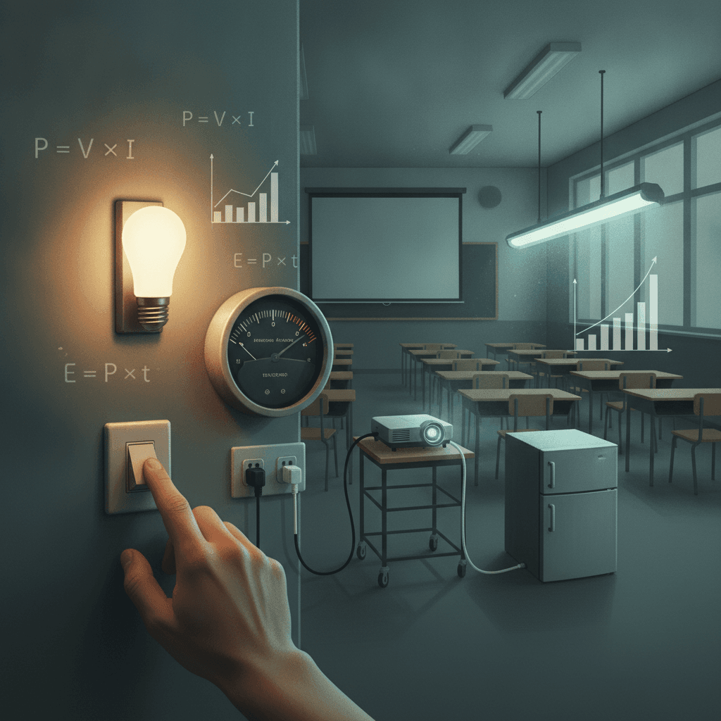 Ilustração editorial de sala escolar com lâmpadas (LED e fluorescente), medidor de energia, tomadas, fórmulas P=V×I e E=P×t e gráficos de consumo.