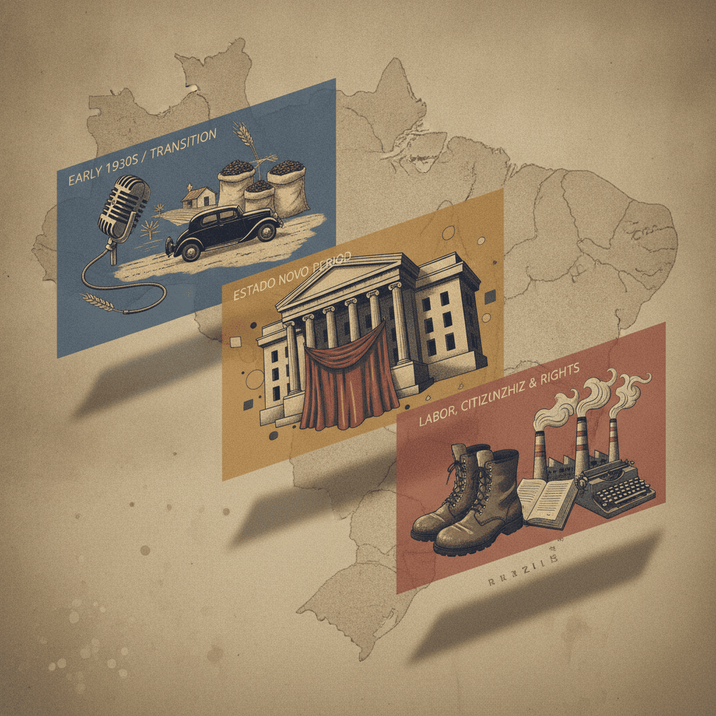 Ilustração editorial mostrando a Era Vargas como linha do tempo em três painéis sobre um mapa do Brasil, com rádio antigo, fachada governamental, fábricas e objetos que representam trabalho e legislação.