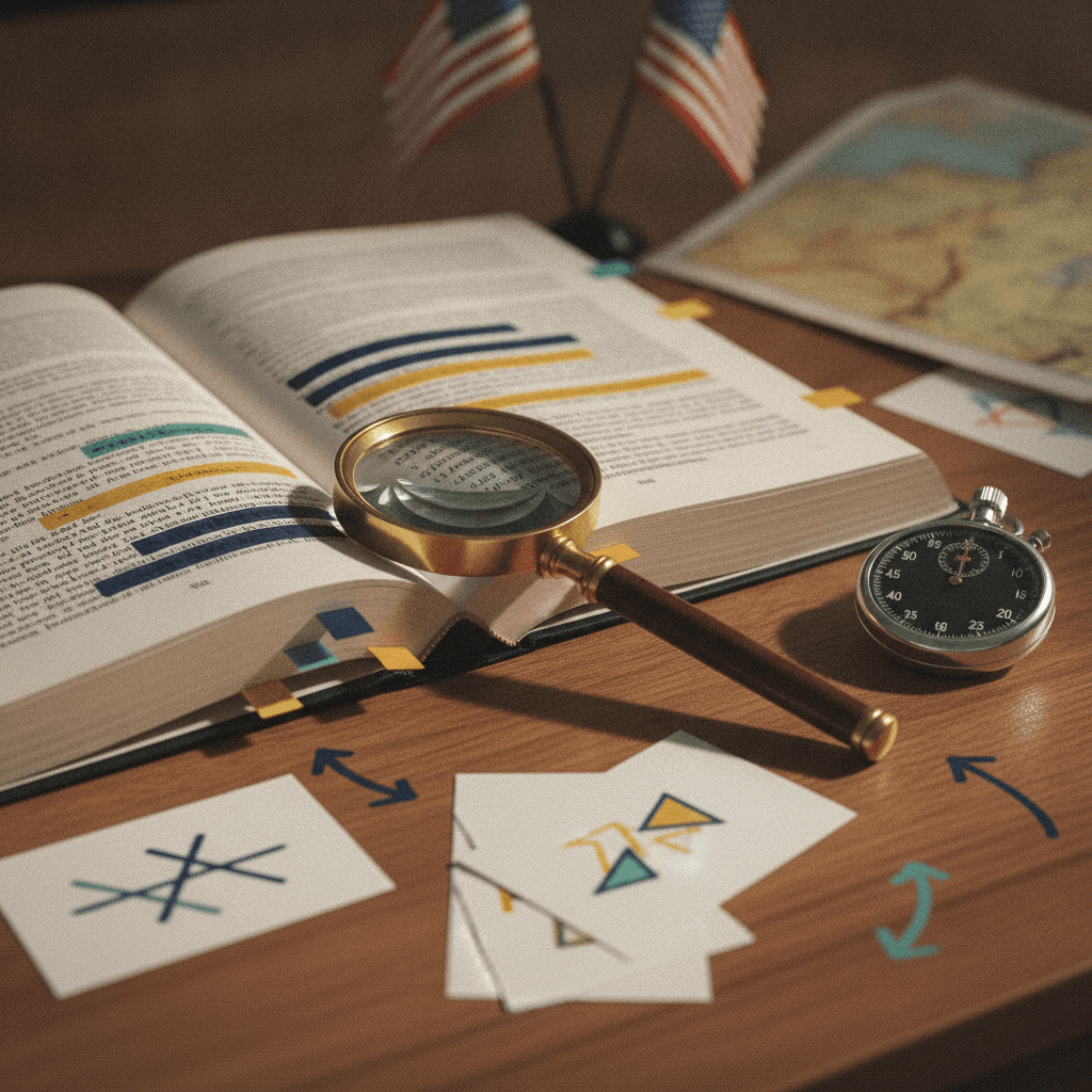 Flat-lay editorial de materiais de estudo de inglês: livro com texto desfocado e marcações coloridas, lupa, relógio e bandeiras do Reino Unido/EUA.