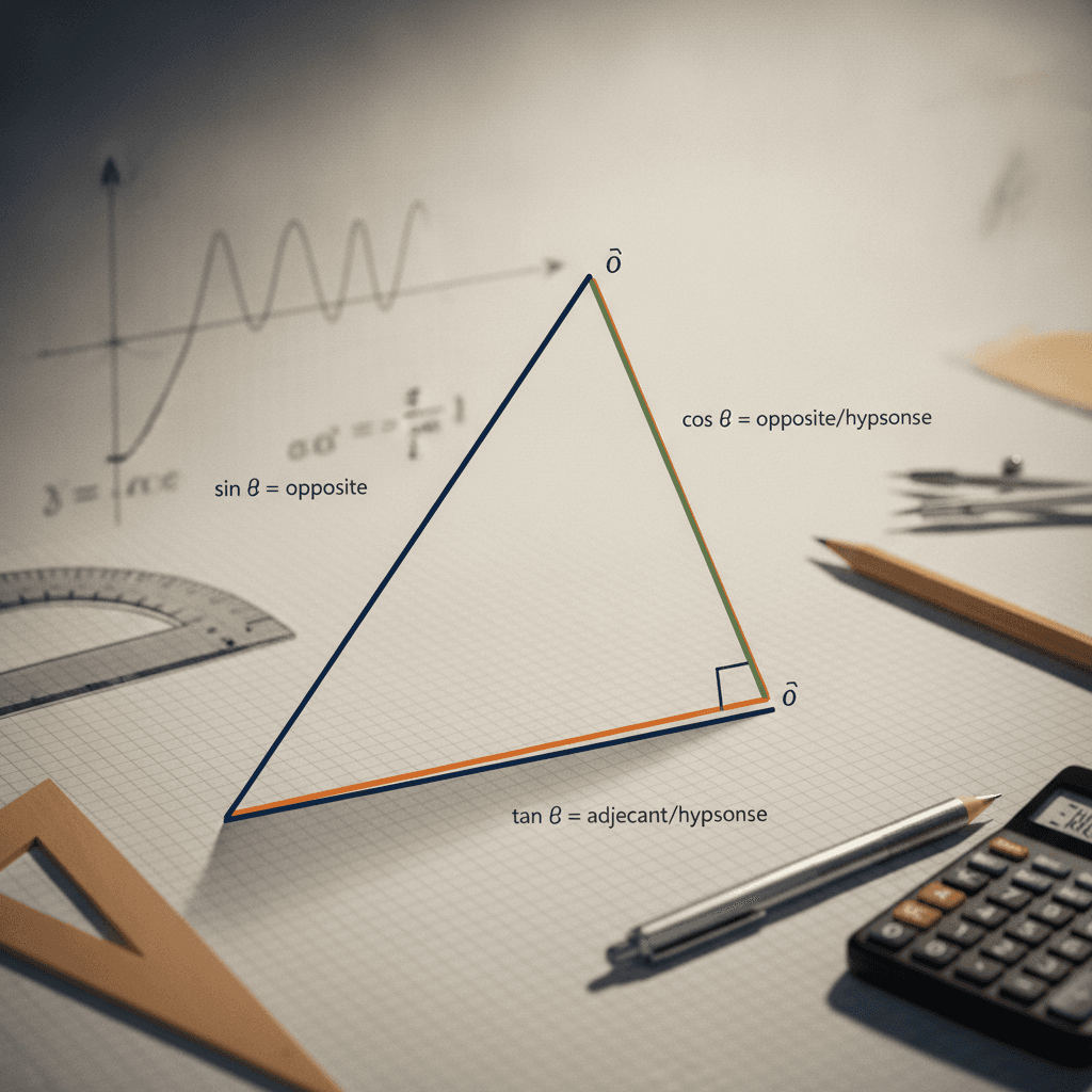 Ilustração editorial de um triângulo retângulo com fórmulas de seno, cosseno e tangente e instrumentos de geometria sobre papel milimetrado.