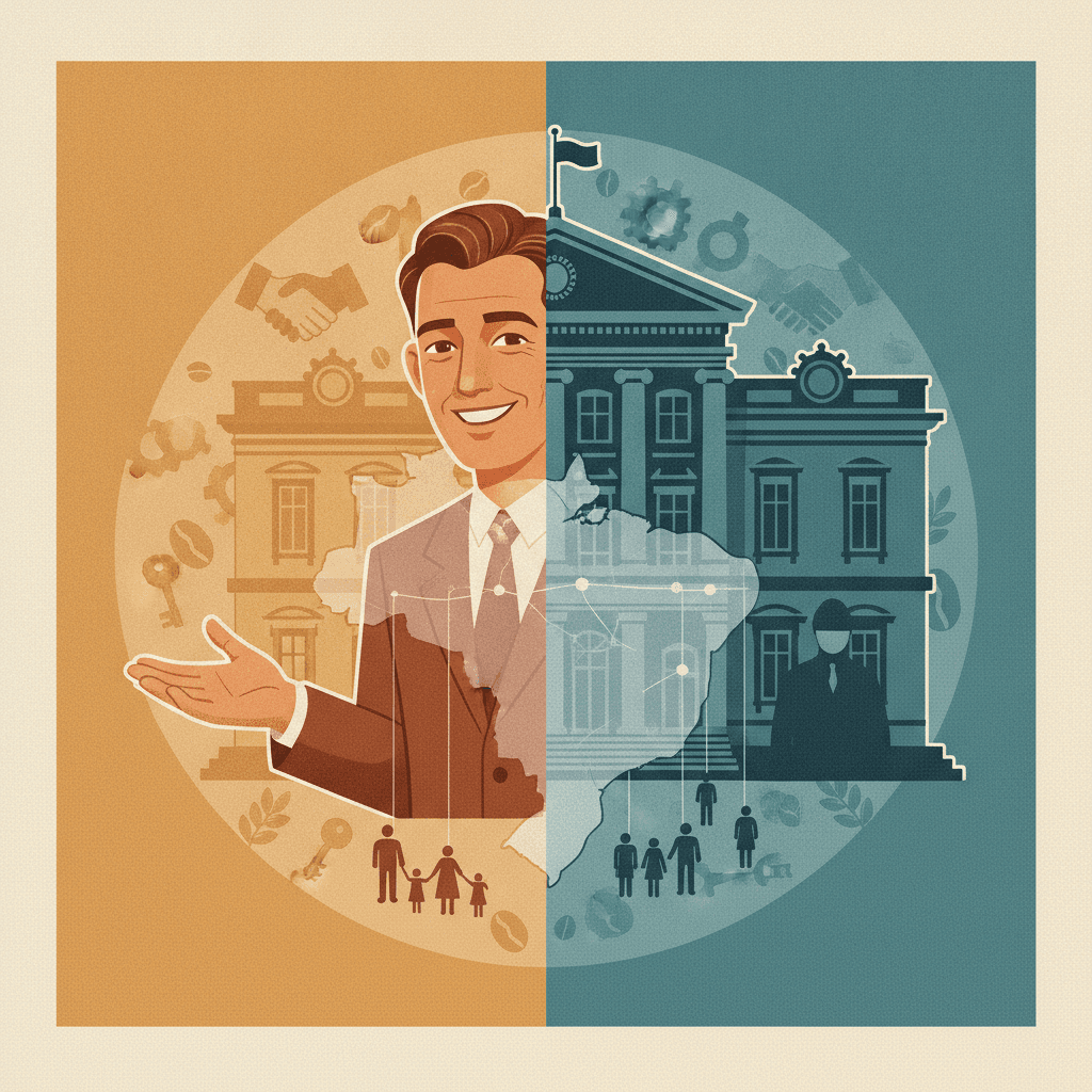 Ilustração editorial dividida: à esquerda retrato caloroso do 'homem cordial', à direita símbolo do patrimonialismo (edifício público fundido a uma mansão com figuras em cordas) e um mapa do Brasil com rede social ao fundo.