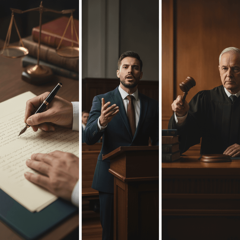 Composição editorial em três painéis: mãos escrevendo um documento jurídico, advogado falando no tribunal e juiz erguendo o martelo, com livros e uma balança ao fundo.