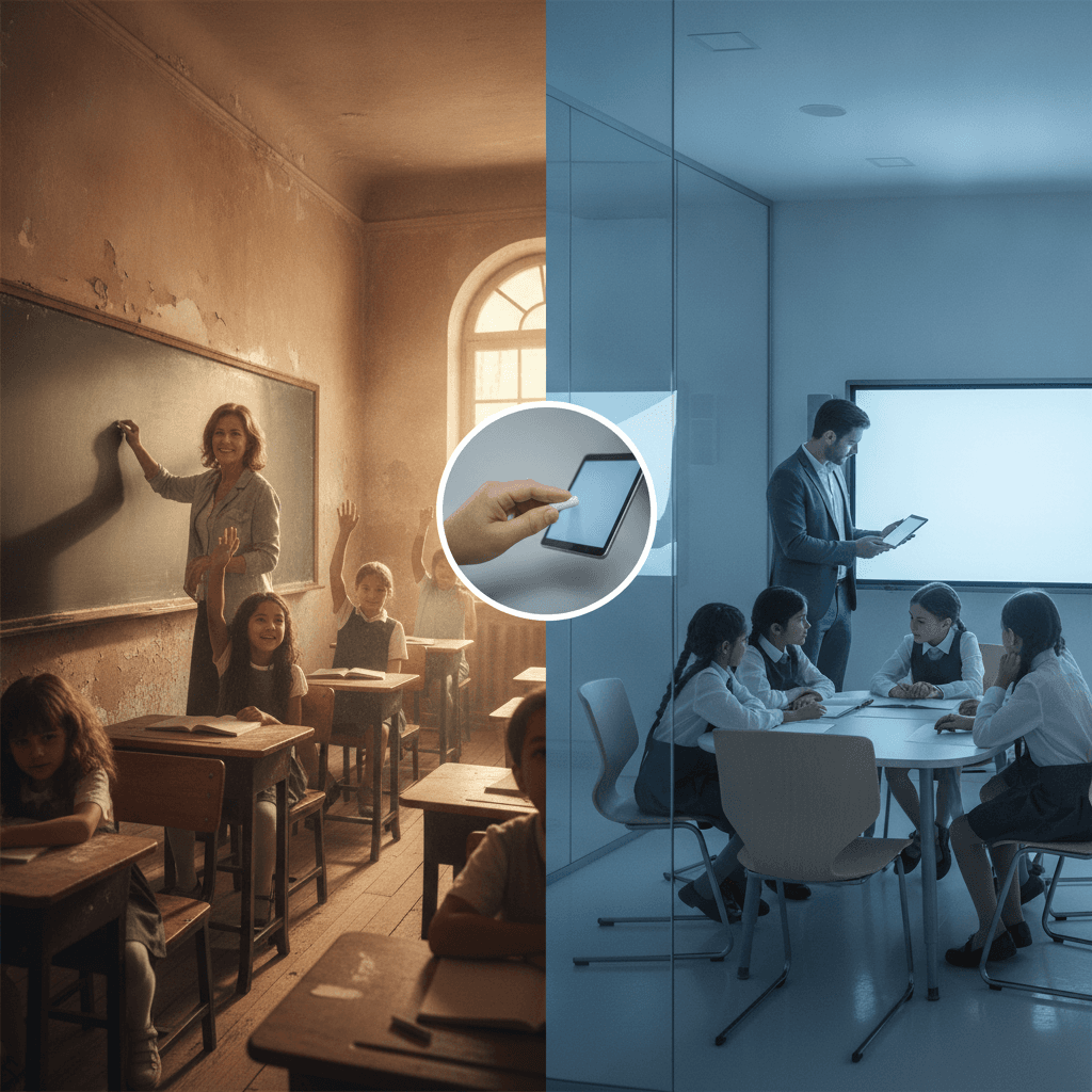 Comparativo visual: sala de aula pública com quadro-negro e sala privada moderna com lousa digital, professores em ação.