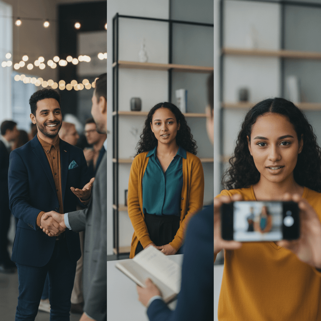 Profissional confiante mostrando um pitch adaptável em três cenas: networking, entrevista e vídeo para LinkedIn.
