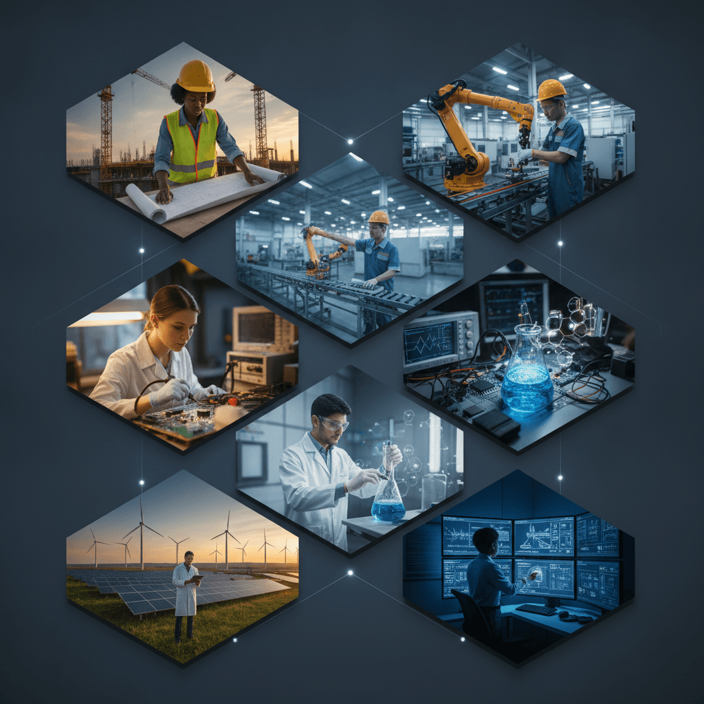 Colagem editorial mostrando áreas de engenharia (obras, indústria, eletrônica, química, energia renovável, servidores) com profissionais trabalhando.