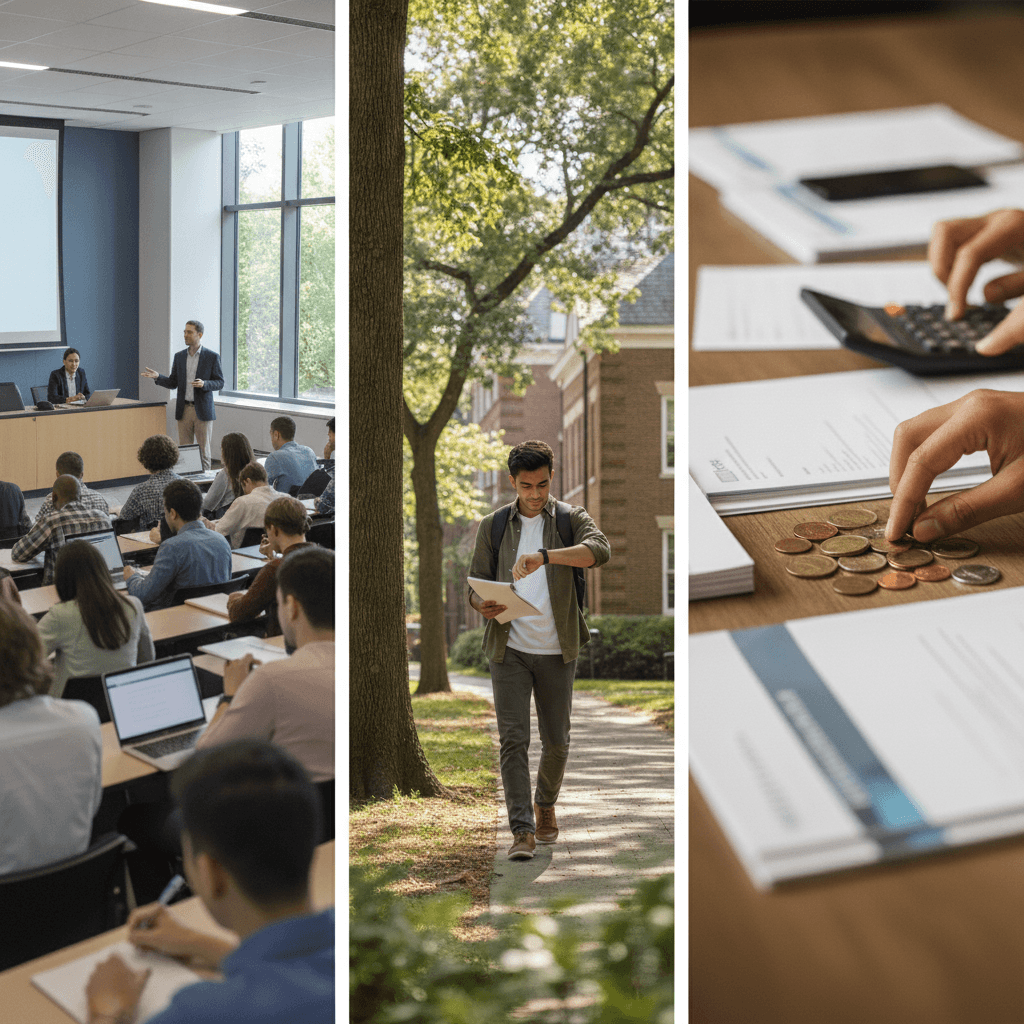 Composição editorial mostrando sala de aula ativa, estudante caminhando no campus conferindo o horário e mãos calculando custos universitários com calculadora e moedas.