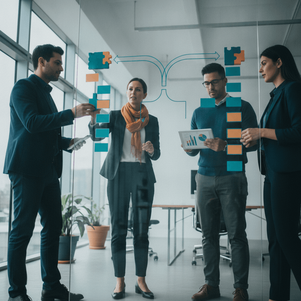 Equipe em escritório aberto reorganizando um painel de processos com cartões Kanban sem texto, líder orientando a ação.