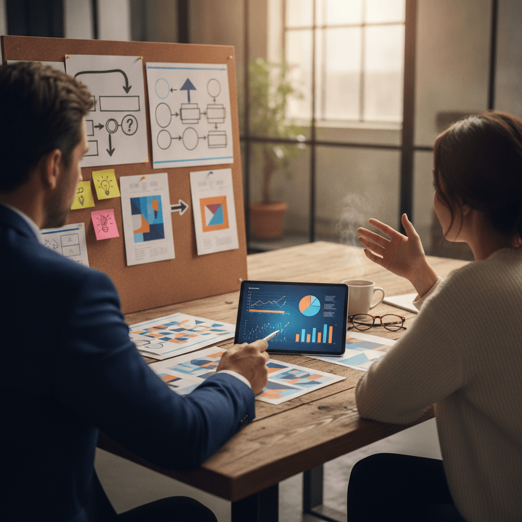Profissional de marketing mostrando portfólio com wireframes, fluxos e anotações visuais em um escritório, destacando raciocínio por trás das peças.
