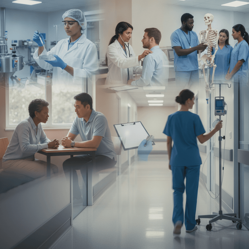 Cena editorial panorâmica com profissionais da saúde trabalhando em hospital, UBS, clínica, indústria farmacêutica e ensino, em ambientes reais e variados.