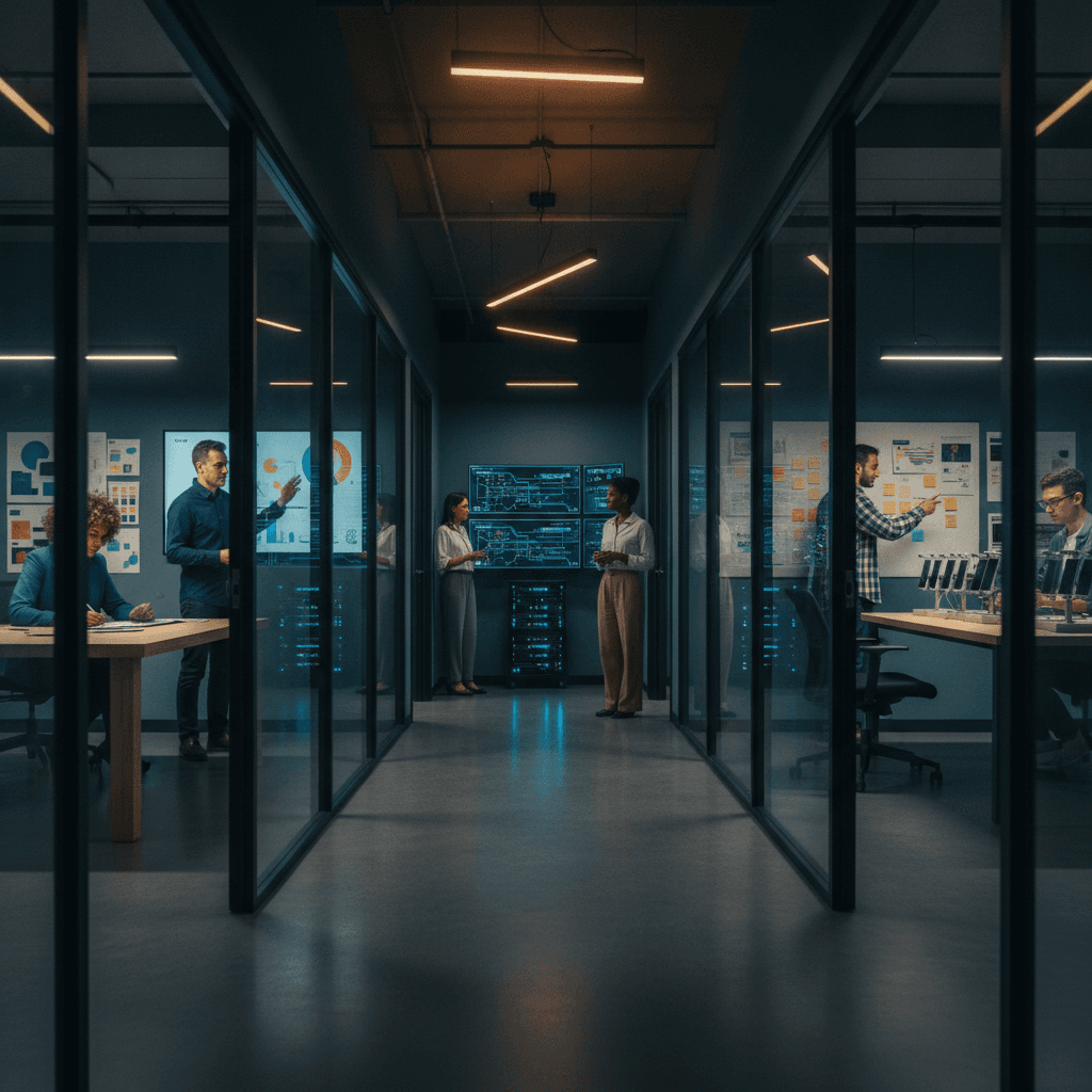 Corredor de escritório com várias portas mostrando profissionais de tecnologia em diferentes funções — design, dados, infraestrutura, produto e QA, ilustrando caminhos variados na carreira tech.