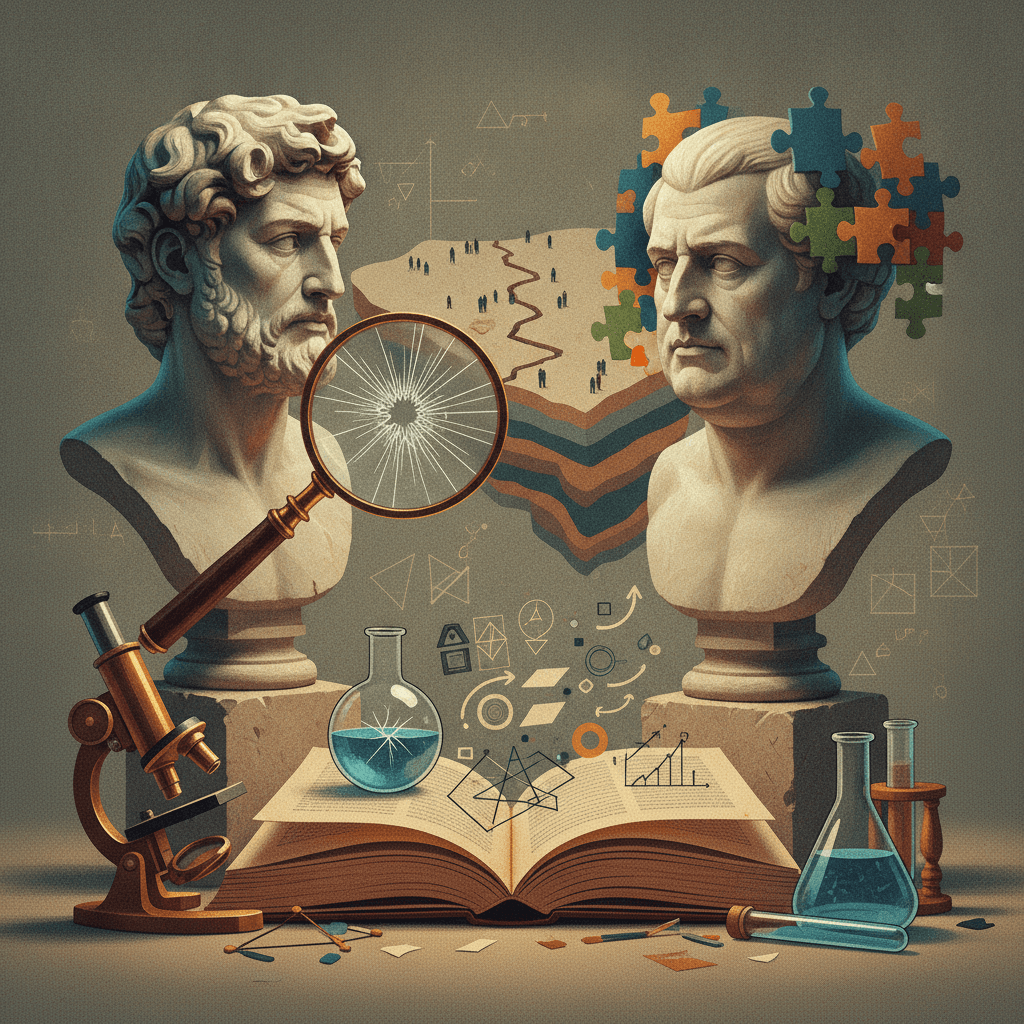 Ilustração editorial com duas esculturas estilizadas representando Popper (lupa quebrando uma hipótese) e Kuhn (peças de quebra-cabeça e um recorte de mudança de paradigma), um livro aberto e instrumentos científicos, iluminação cinematográfica.