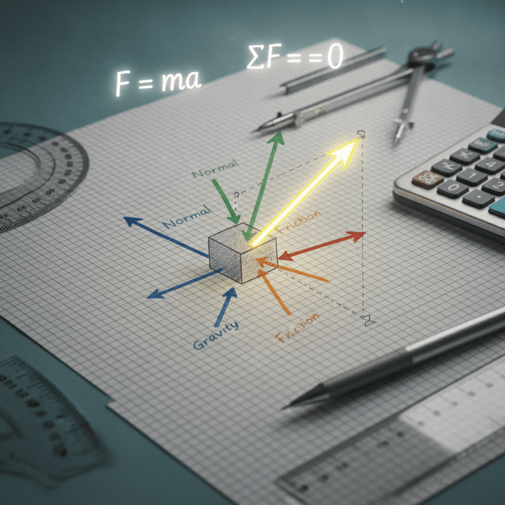 Diagrama de forças sobre papel quadriculado com vetores coloridos e resultante destacada, cercado por régua, transferidor e lápis.