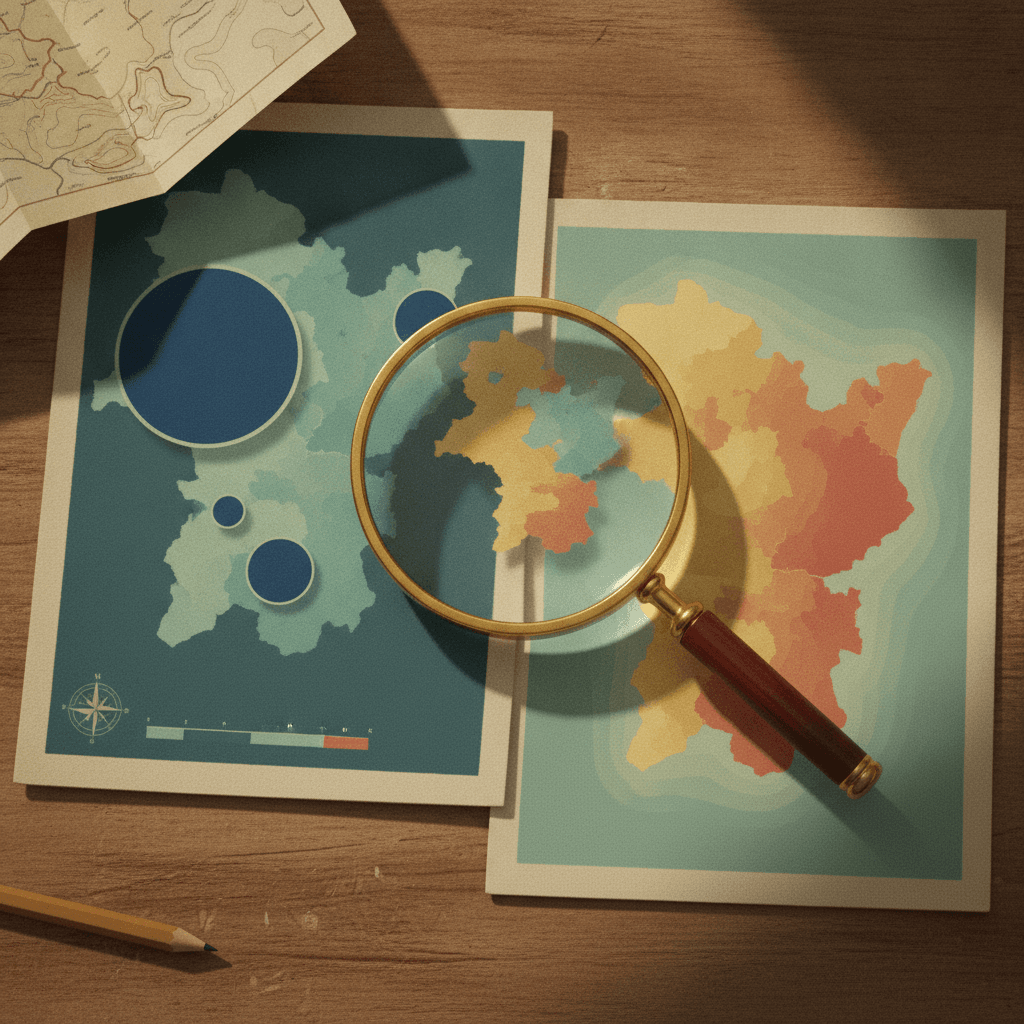 Ilustração editorial com dois mapas lado a lado: à esquerda círculos proporcionais mostram população absoluta; à direita mapa coroplético mostra densidade; lupa destaca a diferença entre número e taxa.