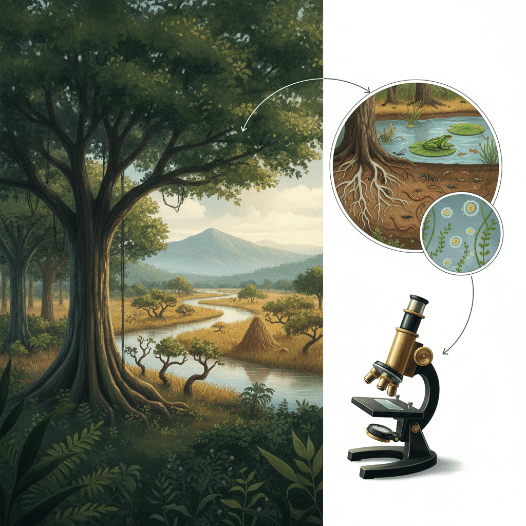 Ilustração editorial dividida: panorama de bioma brasileiro (floresta tipo Amazônia e trecho de Cerrado) à esquerda e close-up de ecossistema à direita mostrando seção de solo, lago com espécies e lupa/microscópio destacando interações.
