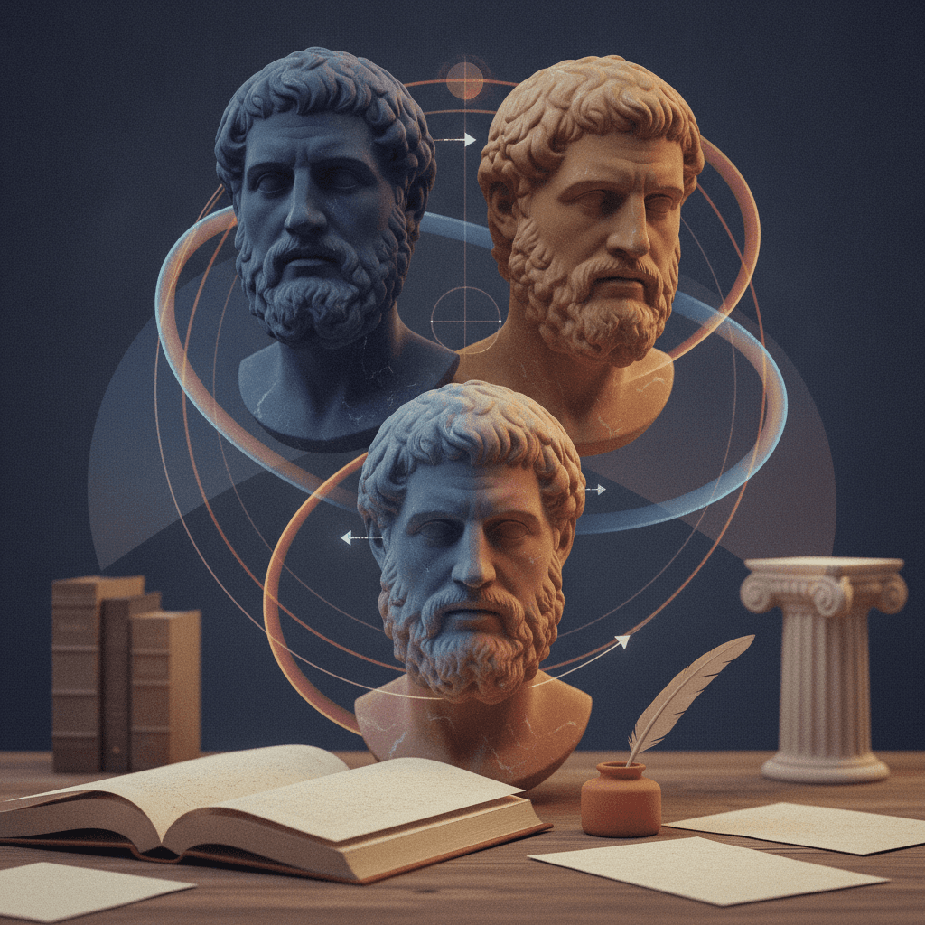 Ilustração editorial da dialética de Hegel: três bustos estilizados ligados por fitas translúcidas sobre um livro aberto, sugerindo movimento de ideias.