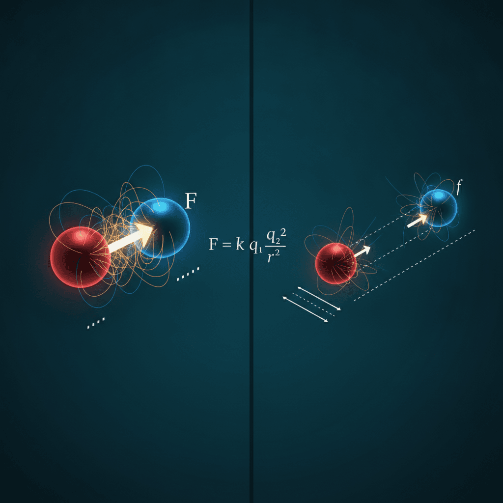 Ilustração editorial comparando forças elétricas com duas configurações de cargas e a fórmula de Coulomb.