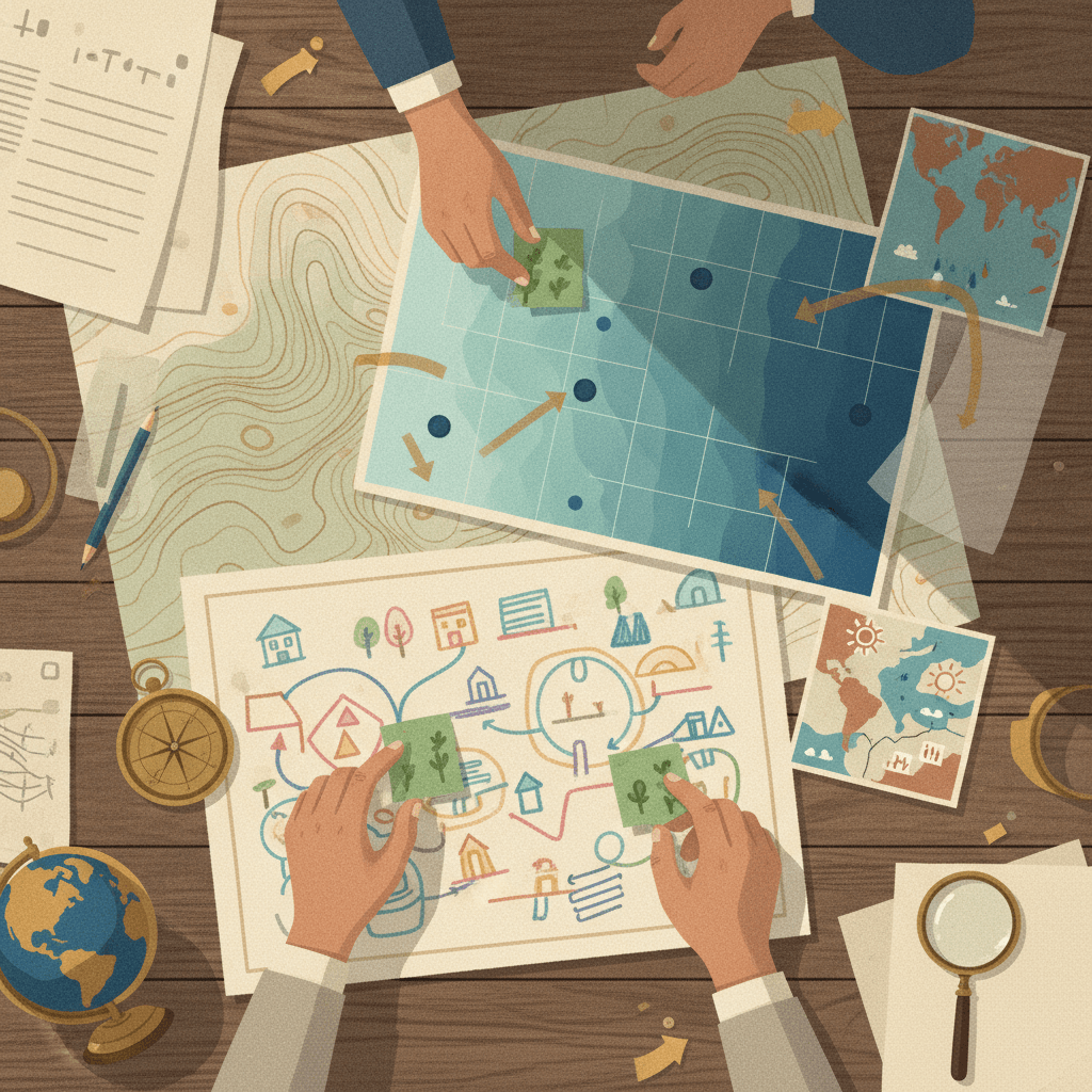 Ilustração editorial de mesa com mapas mentais e temáticos, mãos organizando notas, globo e bússola.