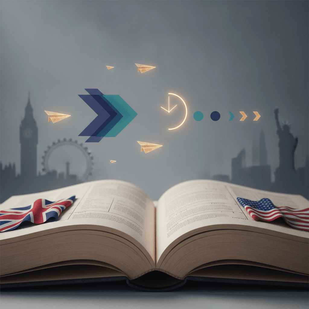 Ilustração editorial de livro de inglês aberto com ícones abstratos do futuro (setas, relógio sem números, avião de papel) e silhuetas de Londres e Nova York ao fundo.