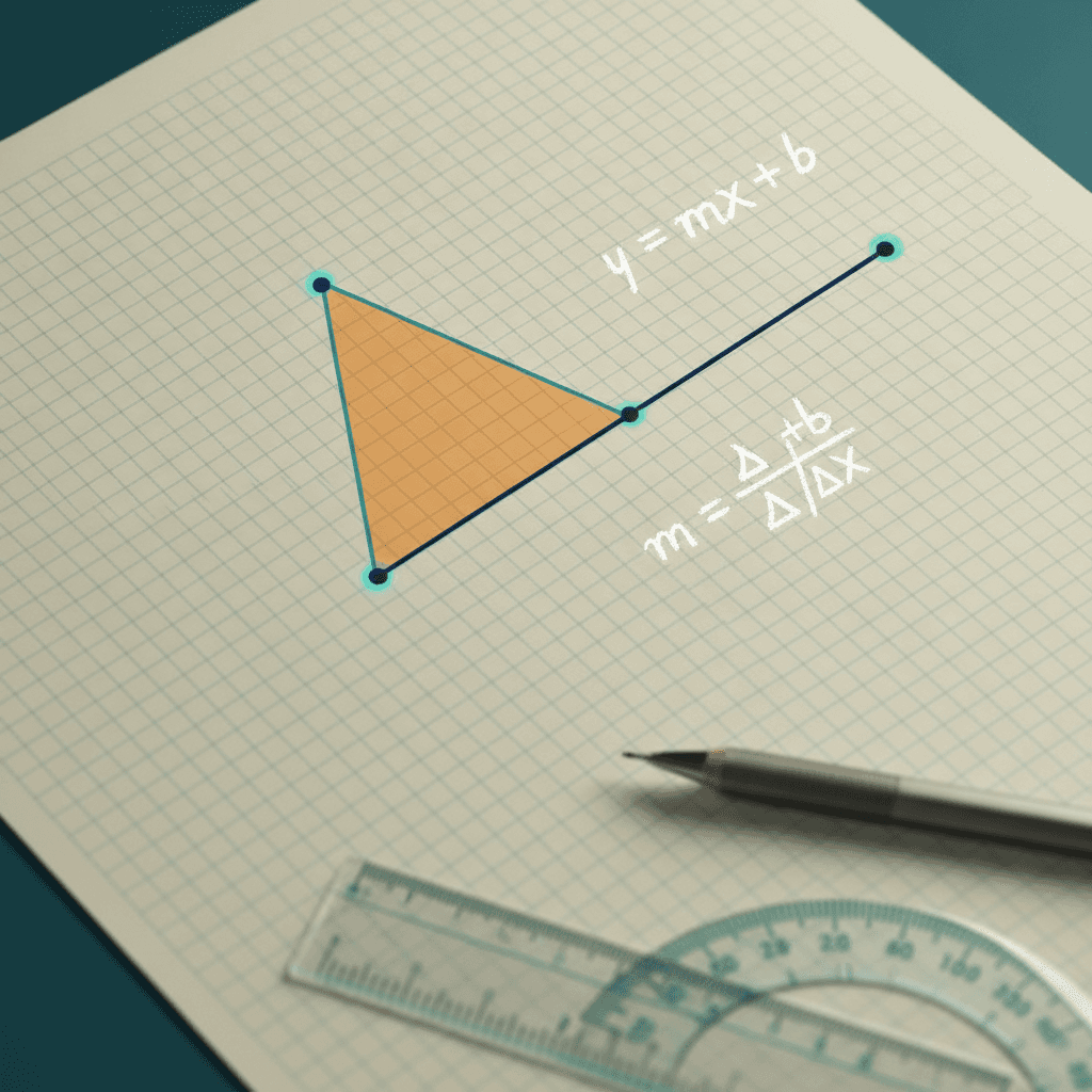 Ilustração editorial de plano cartesiano com reta, triângulo da inclinação, interceptos e fórmulas y=mx+b, com régua e transferidor ao lado.
