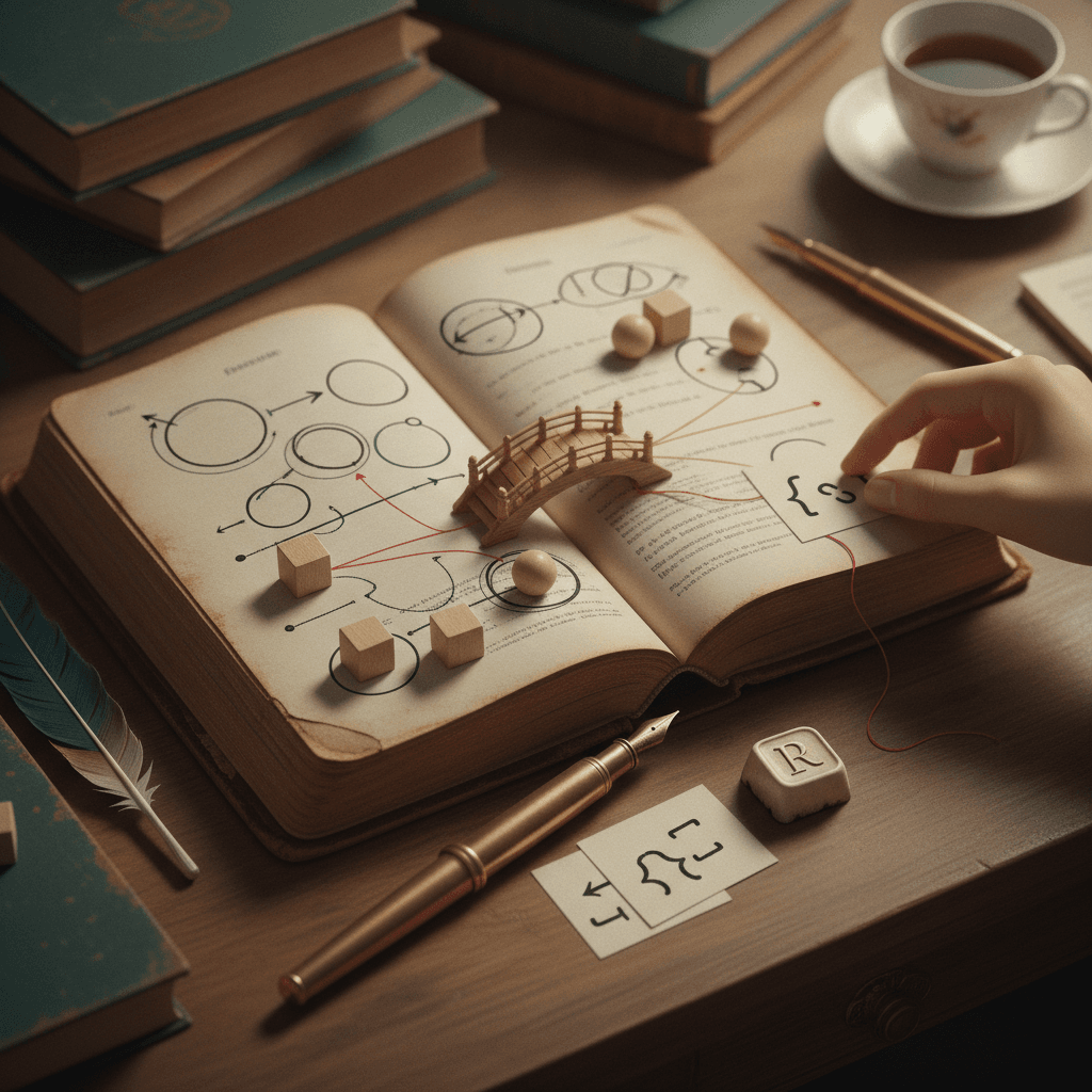 Ilustração editorial close-up de mesa de estudo: livro aberto com diagramas, blocos de madeira ligados por pequena ponte e mãos organizando cartões com pictogramas que simbolizam relações de preposição.