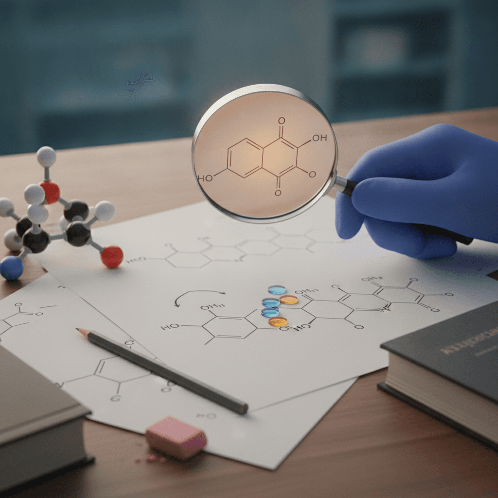 Ilustração editorial close-up de fórmulas estruturais de química orgânica com lupa, modelo molecular e marcadores visuais indicando passos de interpretação.