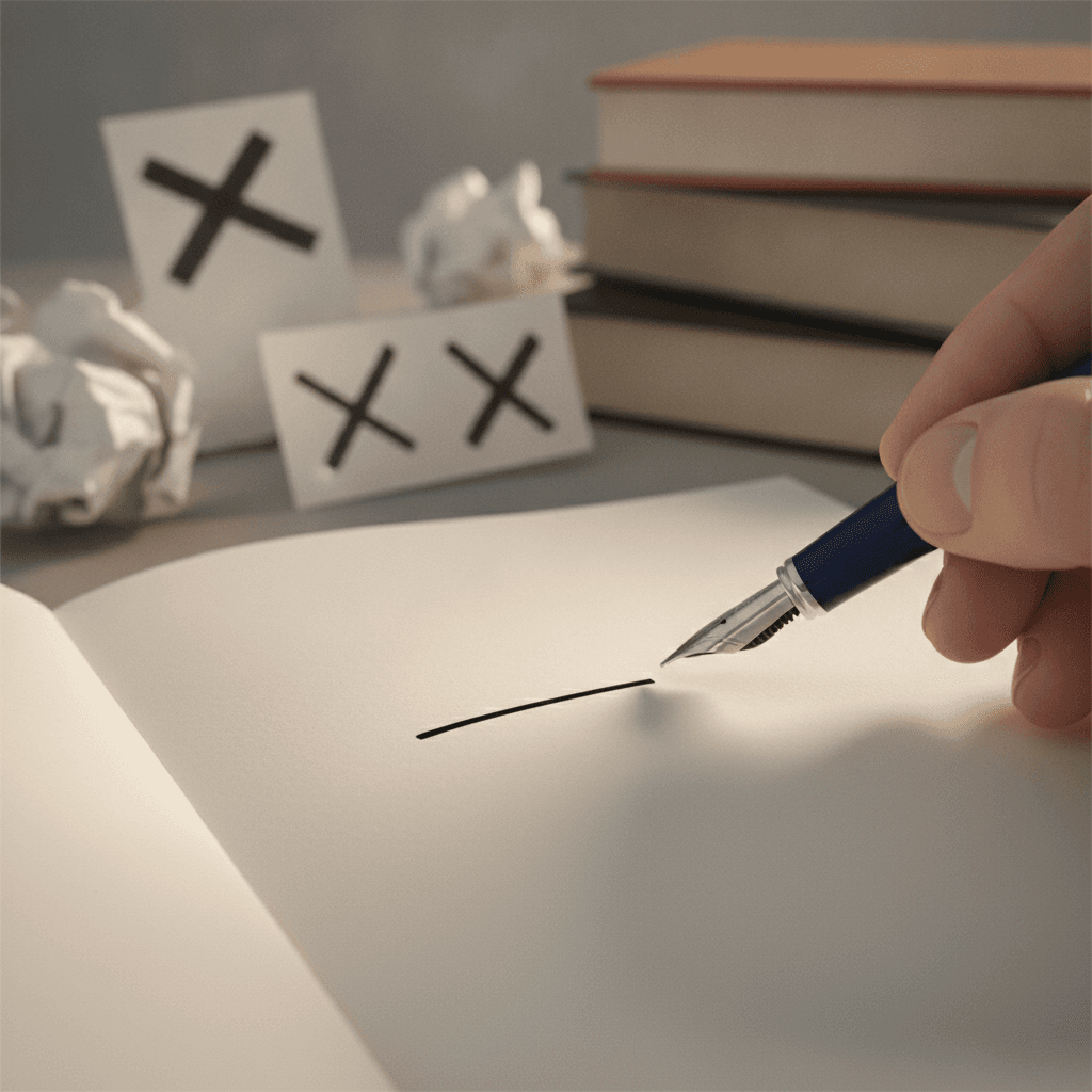 Mão escrevendo uma frase concisa em um caderno, com rascunhos amassados e livros ao fundo.