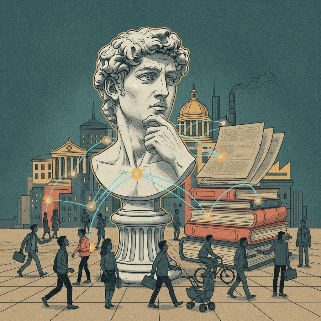 Ilustração editorial com uma estátua de sociólogo, uma rede conectando pessoas e silhuetas de instituições mostrando fatos sociais.