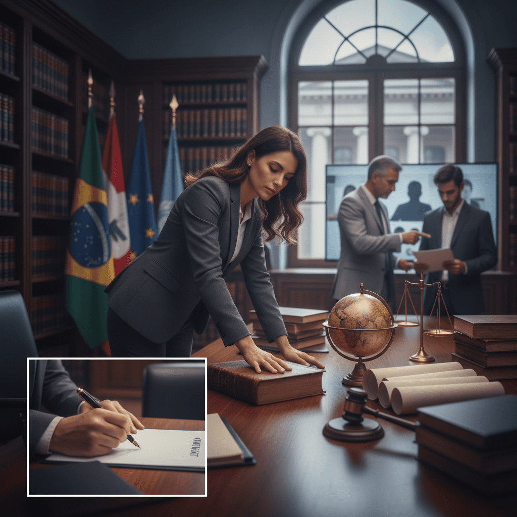 Advogado brasileiro revisando tratados em mesa com globo, balança e estantes de livros, mostrando rotina e mentoria no Direito Internacional.