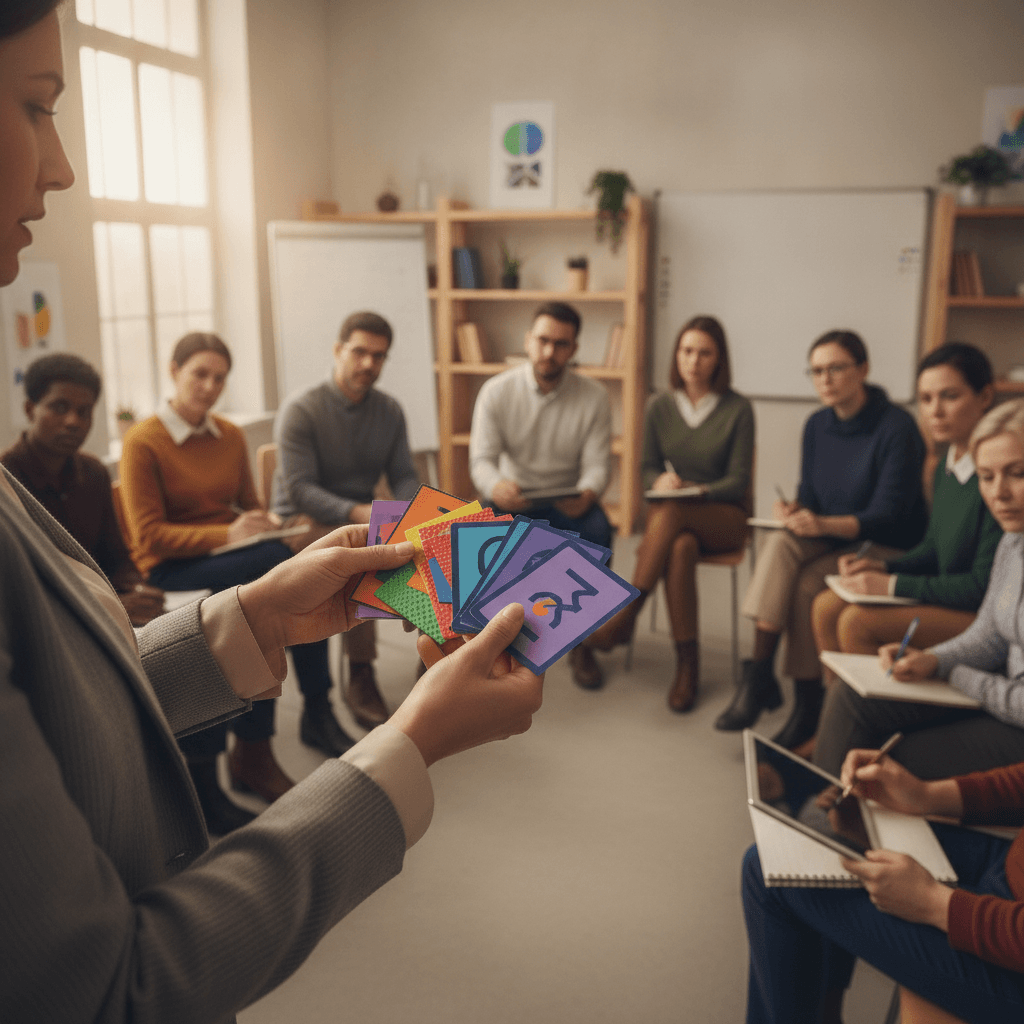 Oficina de formação continuada para professores: facilitadora demonstra técnica com materiais didáticos enquanto educadores praticam em círculo.