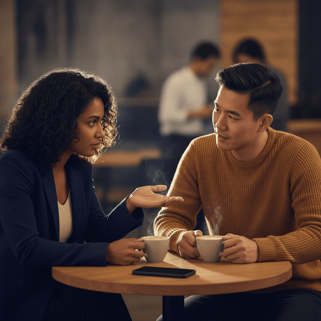 Dois profissionais conversando em um espaço de coworking; um pede orientação e o outro escuta, transmitindo networking e visibilidade para recrutadores.
