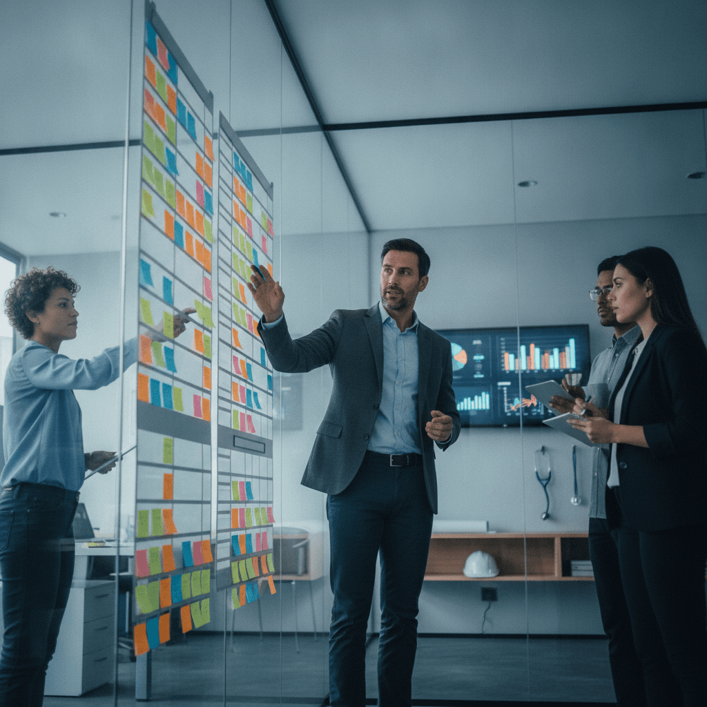 Gestor em pé diante de um quadro Kanban, liderando equipe diversa em escritório moderno, com objetos que sugerem transição de carreira.