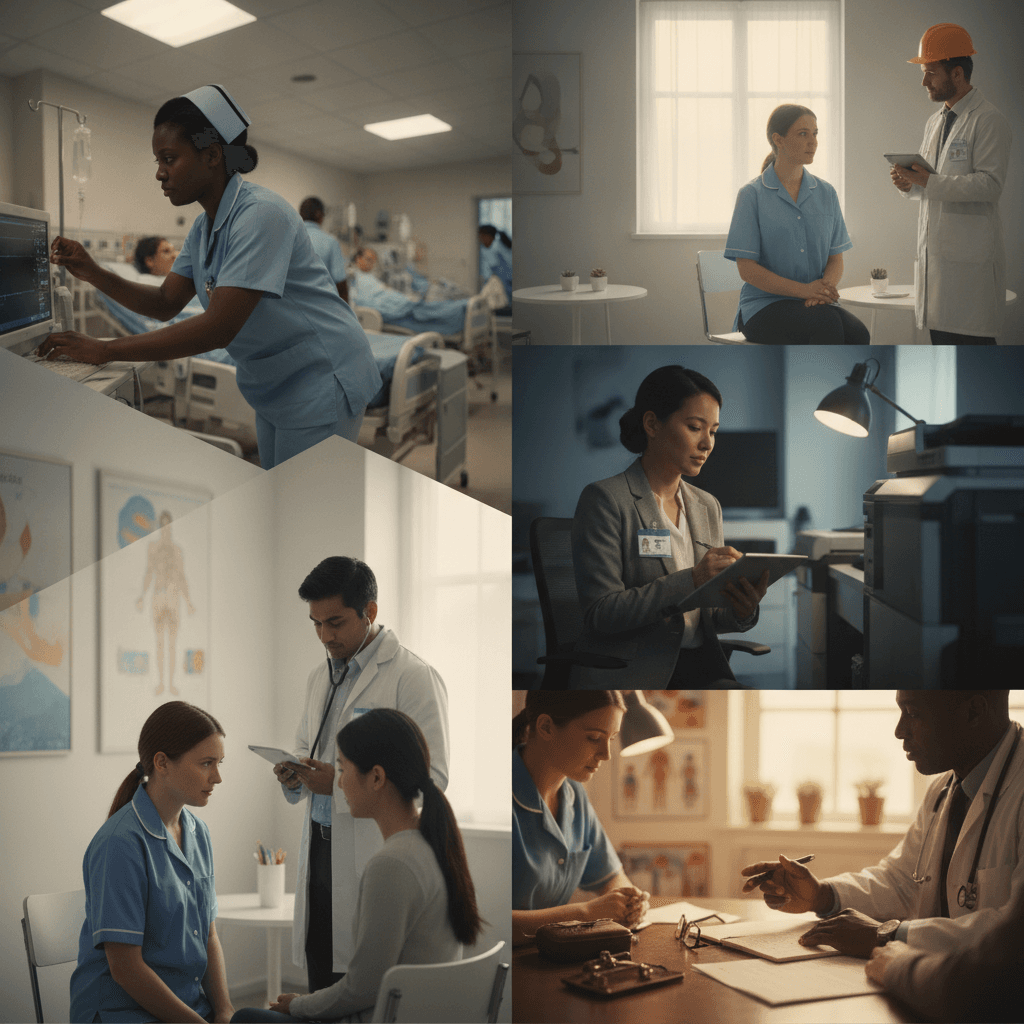 Montagem editorial de profissionais de saúde em ação: hospital público, clínica, empresa, escola e consultório autônomo.
