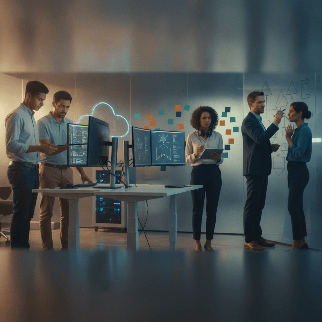 Cena editorial mostrando a progressão na carreira em tecnologia: intern pair-programming, desenvolvedor no meio da cena e líder técnico desenhando arquitetura em quadro de vidro.