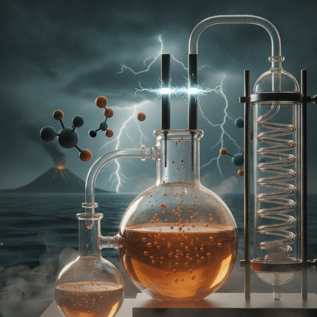 Ilustração editorial do experimento de Miller‑Urey: frascos e eletrodos com faíscas e gotas âmbar, ao fundo Terra primitiva com vulcões e relâmpagos.