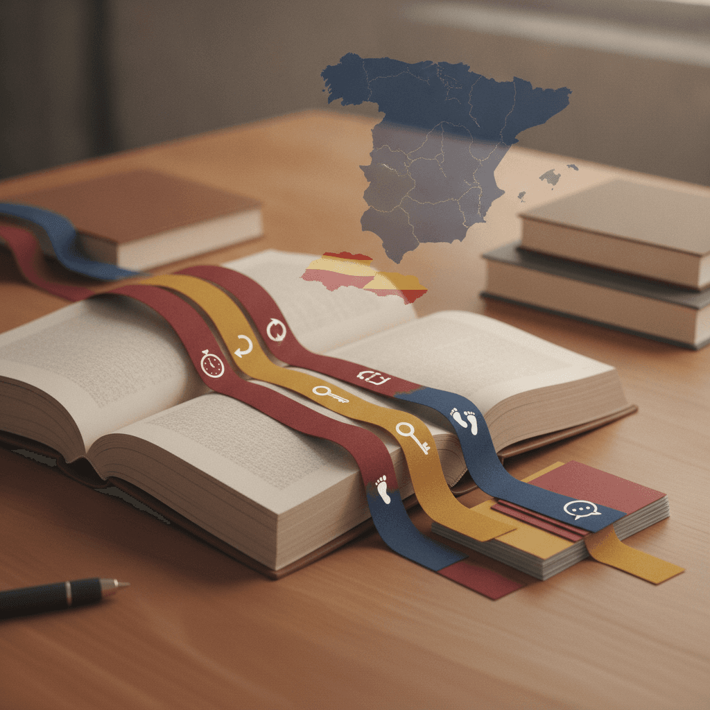 Ilustração editorial de livro de gramática em espanhol com fitas e ícones representando perífrases verbais e mapa da Espanha/América Latina ao fundo.