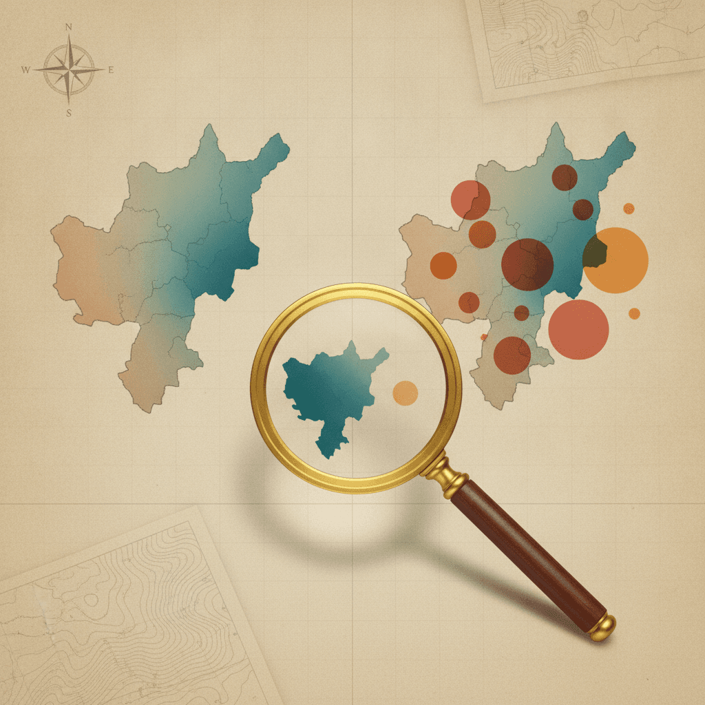 Ilustração editorial comparando um mapa coroplético e um mapa de símbolos proporcionais do mesmo território, com lupa destacando a discrepância entre intensidade e valor absoluto.