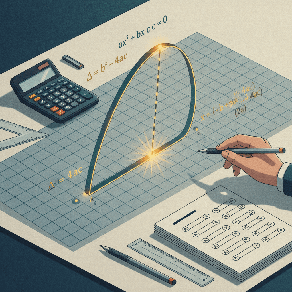 Ilustração editorial de uma parábola e fórmulas do 2º grau sobre uma grade, com calculadora, régua e lápis, sugerindo resolução estratégica de equações.
