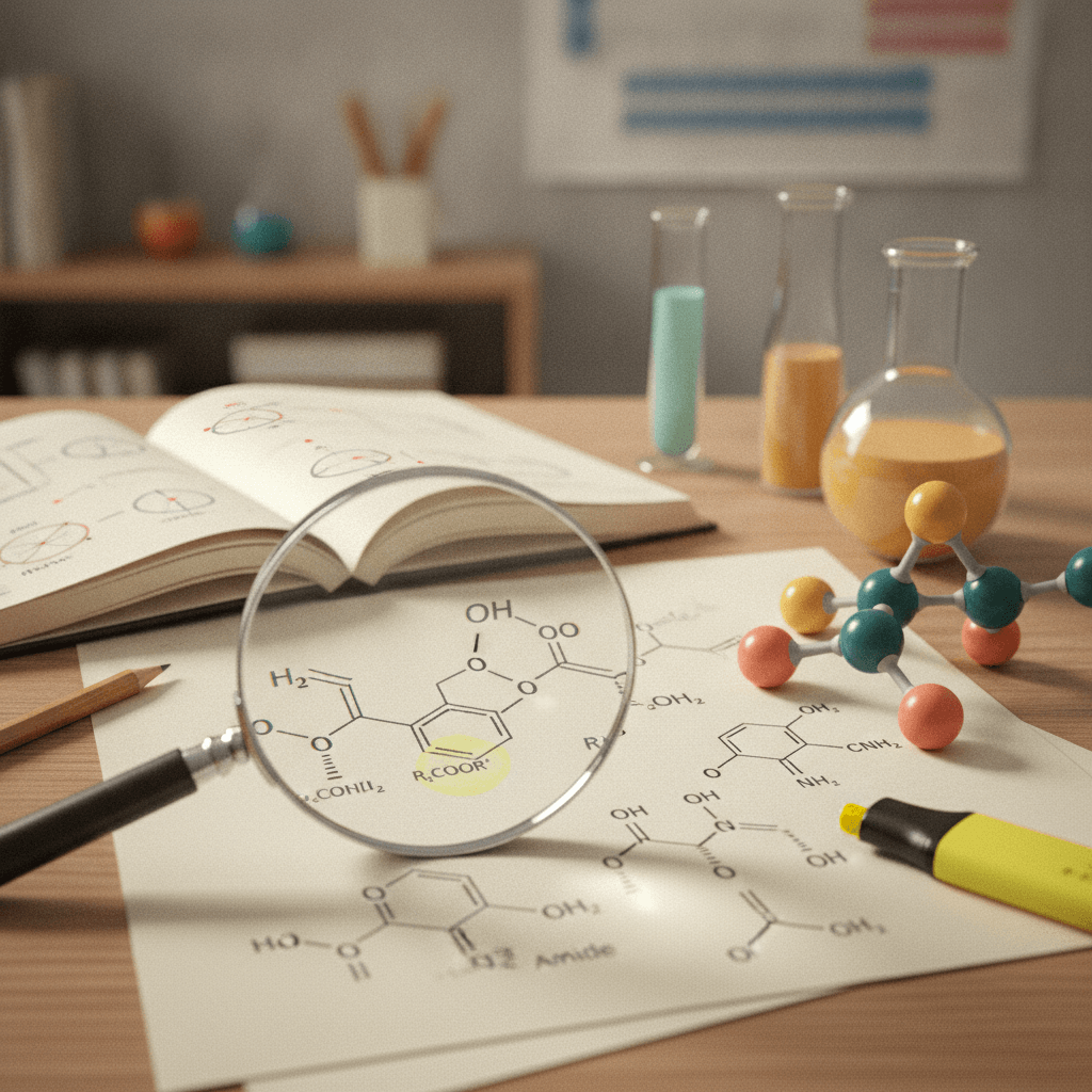 Mesa de estudo com lupa sobre fórmulas estruturais de álcool, ácido carboxílico, éster, amina e amida, modelos moleculares e vidrarias.